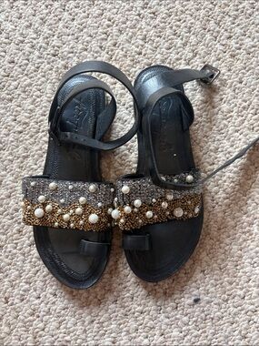 Free People Black Beaded Pearl Ankle-Strap Sandals sz 37